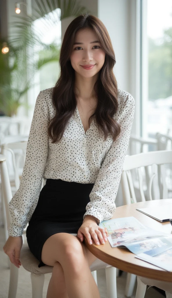 The image shows a young asian woman sitting on a wooden table in a cafe or restaurant. She is wearing a white blouse with black polka dots all over it and a black pencil skirt. She has long brown hair that is styled in loose waves and is smiling at the camera. Her hands are resting on the table in front of her. There are a few magazines scattered around her. In the background, there are several white chairs and a large window with a view of trees and plants through it. The overall aesthetic of the image is modern and minimalistic.