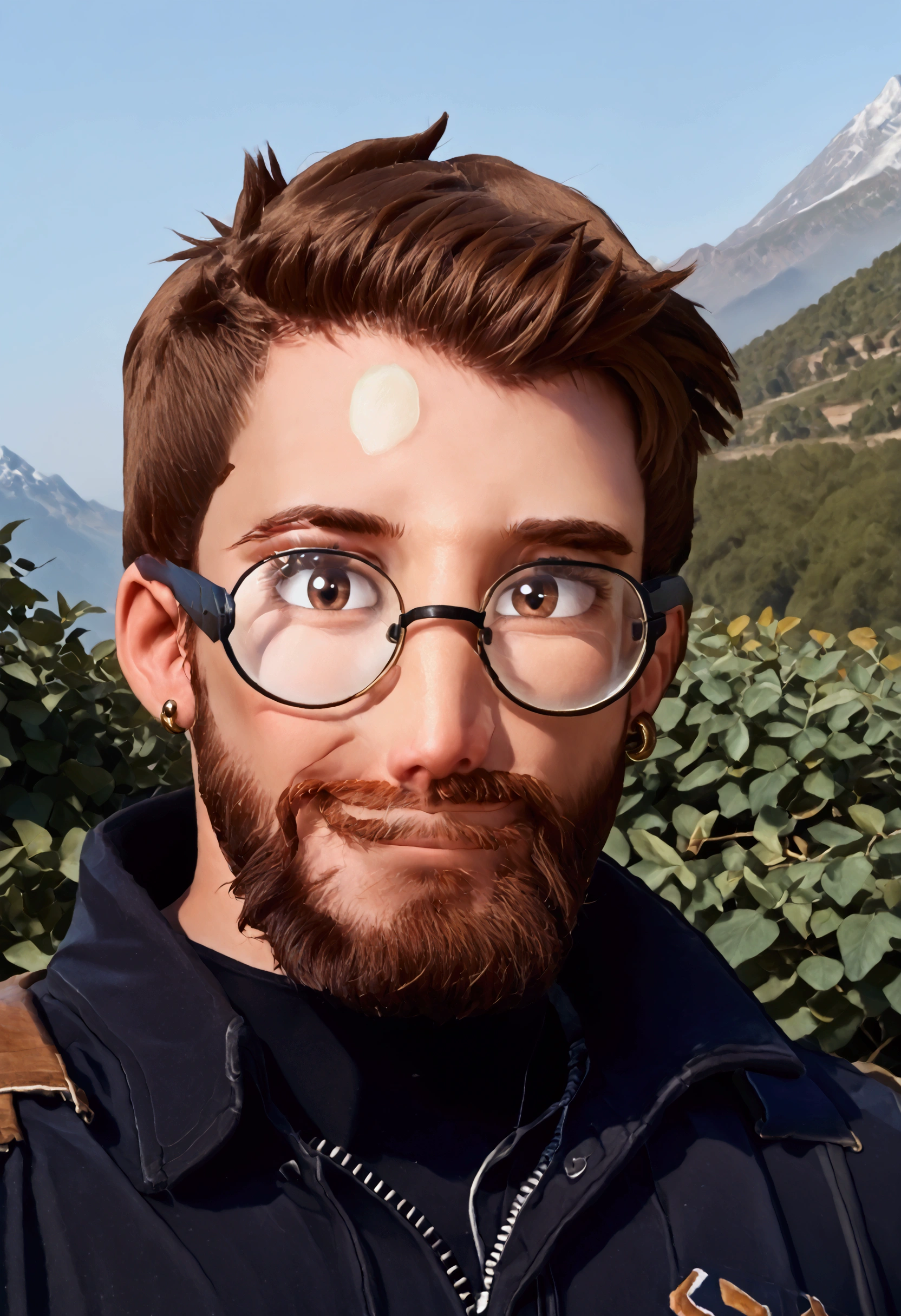 muscular, man, short brown hair, big black beard, brown eyes, round glasses, rounder face, black jacket, character select portrait, smile, 8k, high detail, high quality, Extremely detailed face, mountain background, looking at viewer, head tilted towards the right, earrings, perfect lighting, 8k detailed glasses, 8k detailed facial hair, 8k detailed hair, 8k detailed facial features, detailed anatomy, morning. 