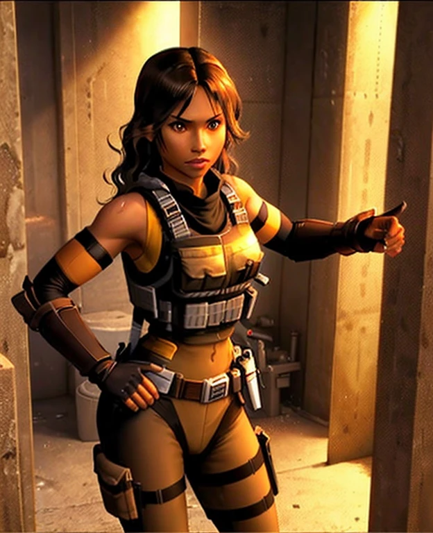 masterpiece, best quality, 1girl, solo, PS2 style, tan-bronze skin, amber eyes, wavy black hair, Light tan bodysuit, bulletproof vest, brown combat gloves, brown combat boots, utility belt, gun holsters, carrying a pistol in one hand,
