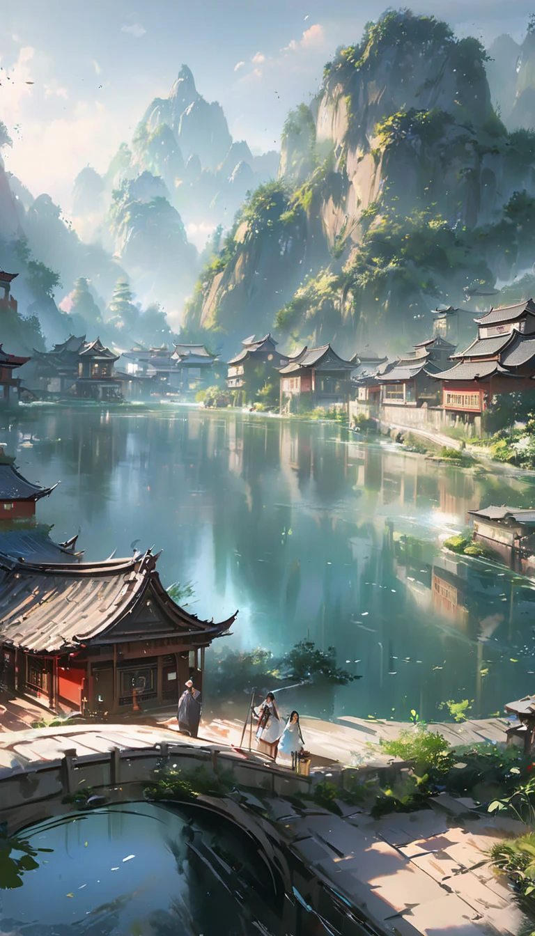 Painting of a Chinese village with a bridge over a river, Ross Tran. Picturesque background , Digital painting by Garan ,   A man and a woman were riding in a light truck, Dreamy city in China,   highly detailed digital painting  ,  Extremely High Definition Digital Painting,  Detailed Scenery —width 672 , wlop and Ross Tran, Detailed painting 4k,  detailed digital concept art, High resolution digital artwork