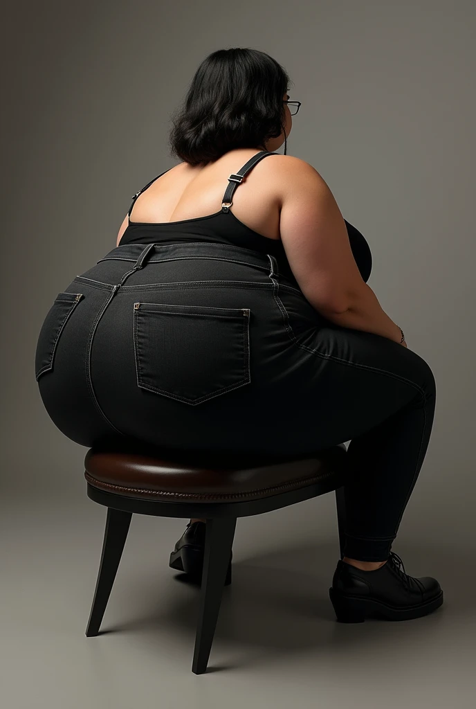 A woman with a big butt and very large breasts wearing very tight jeans and sandals sitting on a gym ball highlighting her ass too much 