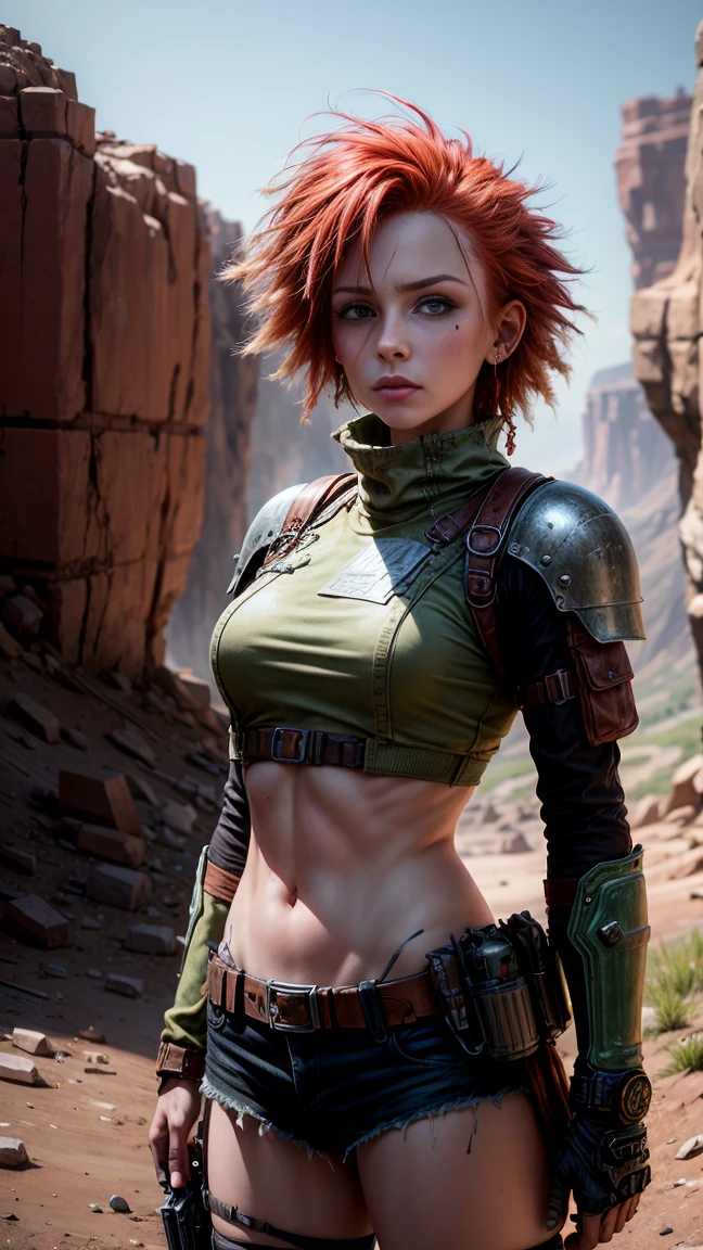 A brave Wasteland Punk warrior holds hands across a trap-filled wasteland. The camera zooms in on the woman, Capturing your resolve. A jovem, with a protective expression on his face, usa armadura improvisada e roupas remendadas. All her clothes are torn and broken exposing her breasts, peitos semiexpostos, Peitos grandes, NSFW, quebrado revelando sua carne, tanga muito danificada, vestindo tanga rasgada