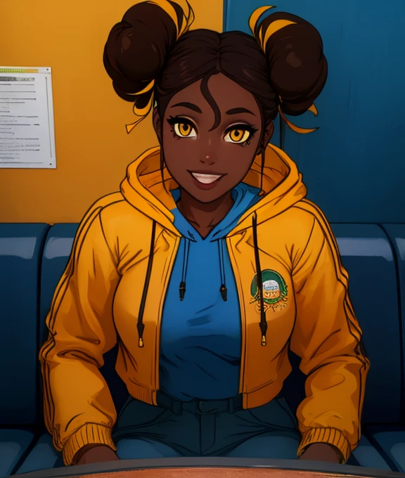 charlotte,yellow eyes,double bun,hair hair ribbon,dark skin,
blue jacket,yellow sweater,hood down,
sitting,half body,smile,
subway,
(insanely detailed, masterpiece, best quality),(solo),