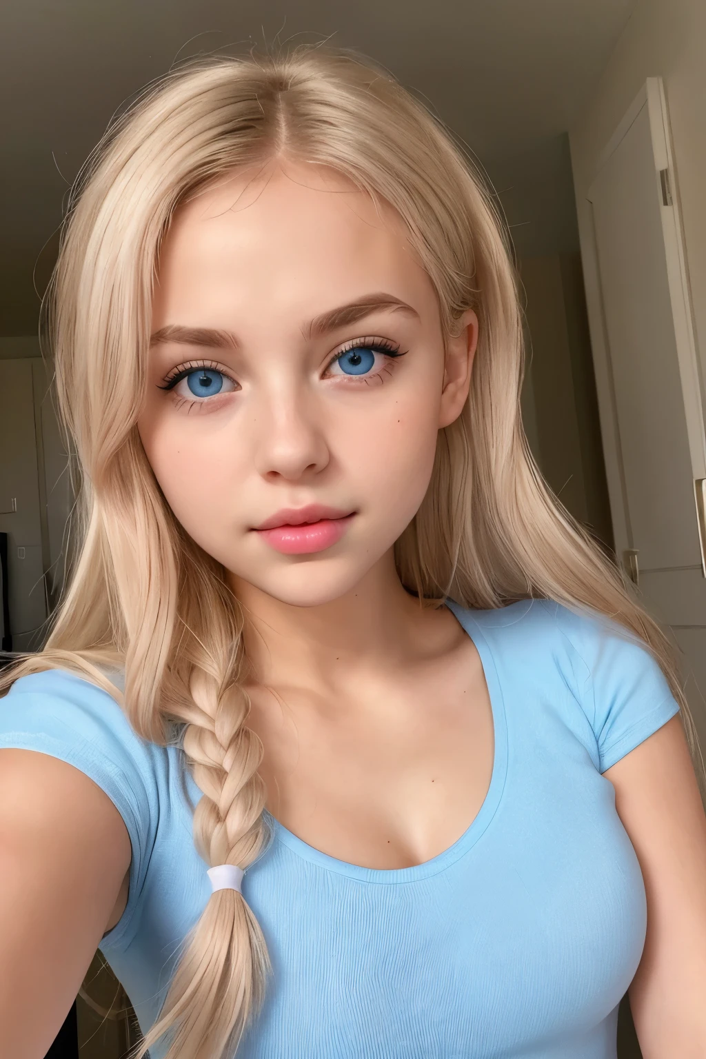 ((8k photo, RAW photo, best quality, ultra res, photorealistic)), (intricate details, masterpiece, hyper-realistic, ultra detailed, 1girl, solo), a photo of a (platinum blonde hair), (light blue eyes), young white girl, ((young girl, girl, tween girl, li)), in (short sleeves, t-shirt, scoop neck), upper body, cleavage, large breasts, ((short, youthful body, youthful face, young body, young face, petite)), (closed mouth, thick lips, full lips, cupid's bow lips), full makeup, (pink lips), showing her face, very sexy outfit, jaw-dropping beauty, seductive look at the camera, sexy young girl, beautiful girl, cute face, innocent face, innocent look, seductive pose, (facing viewer)