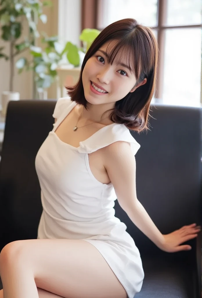Produce the highest quality and highest resolution 8K images。Please draw the upper body of a 20 year old Japanese woman.。Please draw an image of you relaxing on your balcony at home on a holiday.。She has brown eyes and a model-like figure、She has an idol-level cute face.。hair is short bob。The skin is、It is a natural skin color。she、Looking at you with a smile。