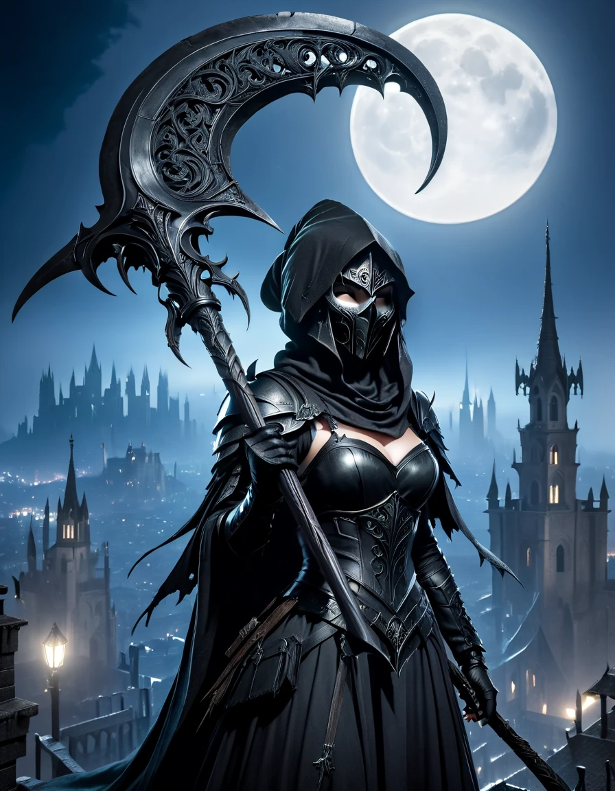 Assassin in female mask raising/holding a giant scythe, hood, black armor, on top of a tower with a moonlit medieval city in the background (from the waist up)