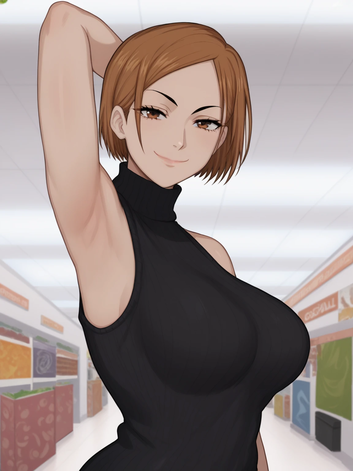 score_9, score_8_up, score_7_up, source_anime, anime screencap, 1girl, solo, kugisaki nobara,brown hair, short hair, brown eyes, black sweater, sleeveless sweater, ribbed sweater, turtleneck, no bra, large breast, bare shoulders, arm behind head, armpit, looking at viewer, head towards viewer, smile, badhandv4, indoors, shopping mall, closed mouth, from side, from below 