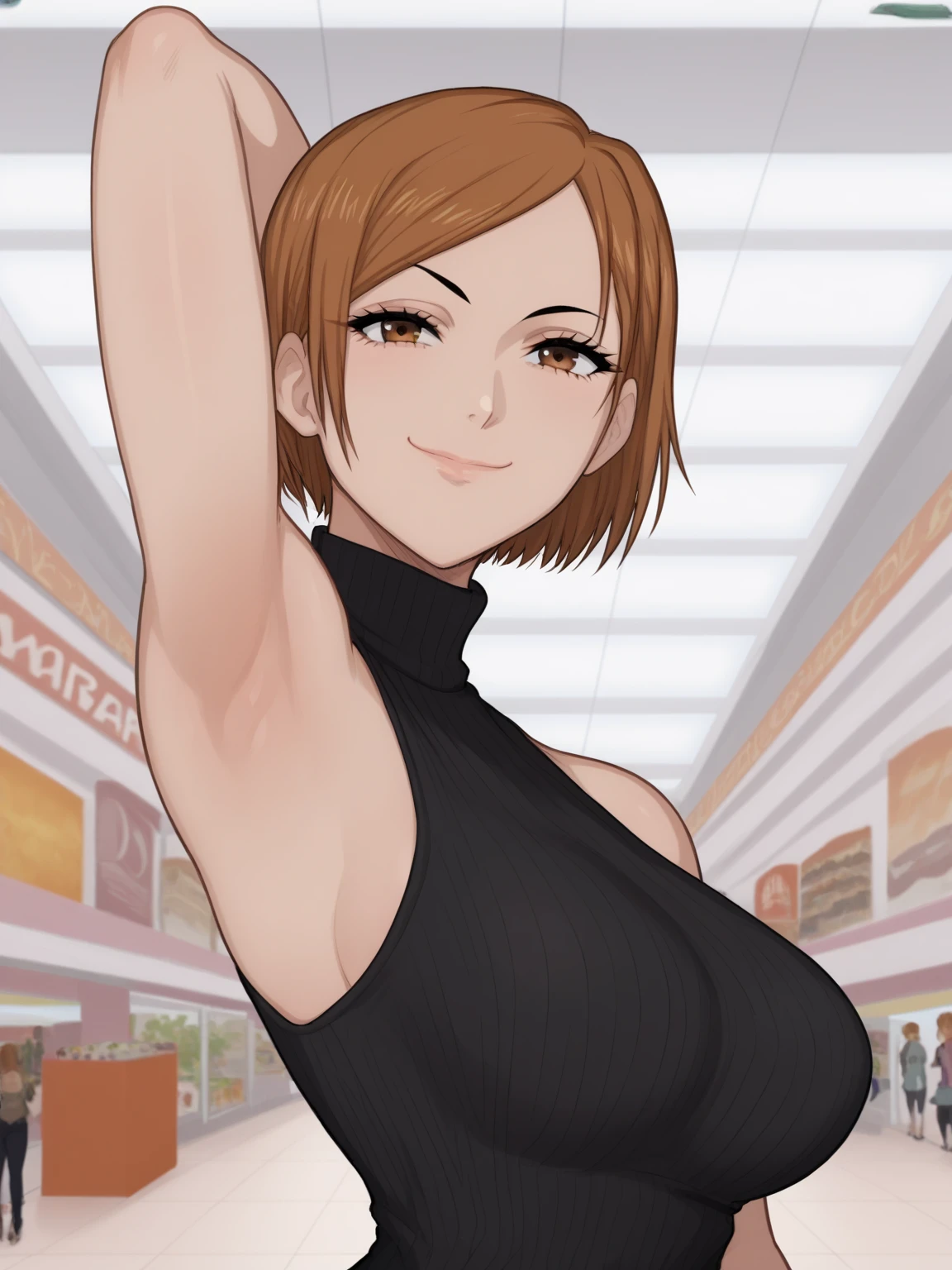 score_9, score_8_up, score_7_up, source_anime, anime screencap, 1girl, solo, kugisaki nobara,brown hair, short hair, brown eyes, black sweater, sleeveless sweater, ribbed sweater, turtleneck, no bra, large breast, bare shoulders, arm behind head, armpit, looking at viewer, head towards viewer, smile, badhandv4, indoors, shopping mall, closed mouth, from side, from below 