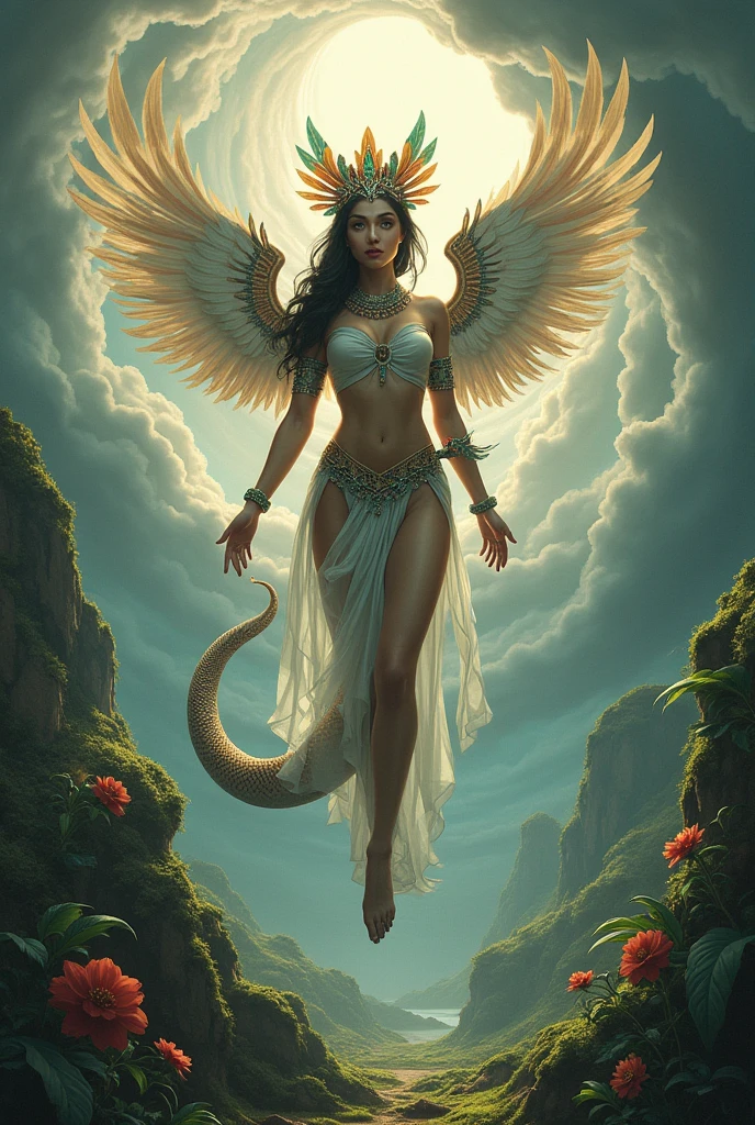 (couple cuddling) rough man Zeus muscular naked, beautiful, sexy, big breasts, cleavage, bare legs, see-through, (chained body), arms open, standing, hanfu, wet, clear, realistic, highest detail, Chinese mythology, dragon pattern, phoenix, sacred, holy, mountains