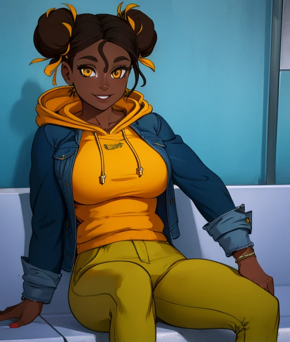 charlotte,yellow eyes,double bun,hair hair ribbon,dark skin,
blue jacket over yellow sweater,hood down,
sitting,half body,smile,
subway,blue pants
(insanely detailed, masterpiece, best quality),(solo),