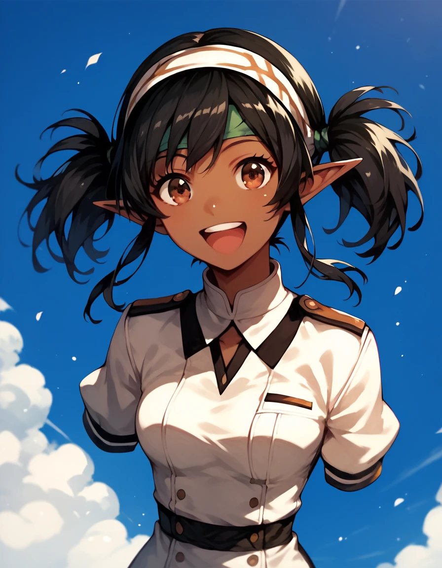 animation cel, best quality, 1girl, black skin girl, pretty, short, anime, brown eyes,  white uniform, happy, headband, hair stripes, large chest, black hair, elf, twintails,  armless