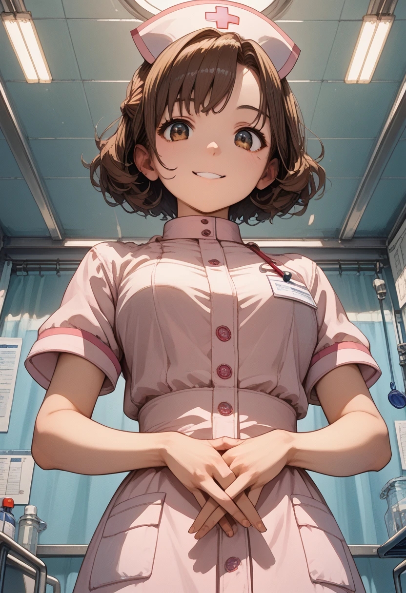 (score_9, score_8_up, score_7_up,source_anime,masterpiece:1.3),(intricate and detailed:1.2),vector-artstyle,best quality,Fine hair,intricate illustration ,ultra-detailed animation,1girl,Look At Viewer,faint smile,Provoke,Brown Hair,Messy Tip Hairstyle,okumura haru,Ao Dai,(nurse:1.3),(face seen through breasts:1.1),(sway back,arched back:1.2),own hands near waist,pov,hands focus,from below,ceiling,Dynamic angle