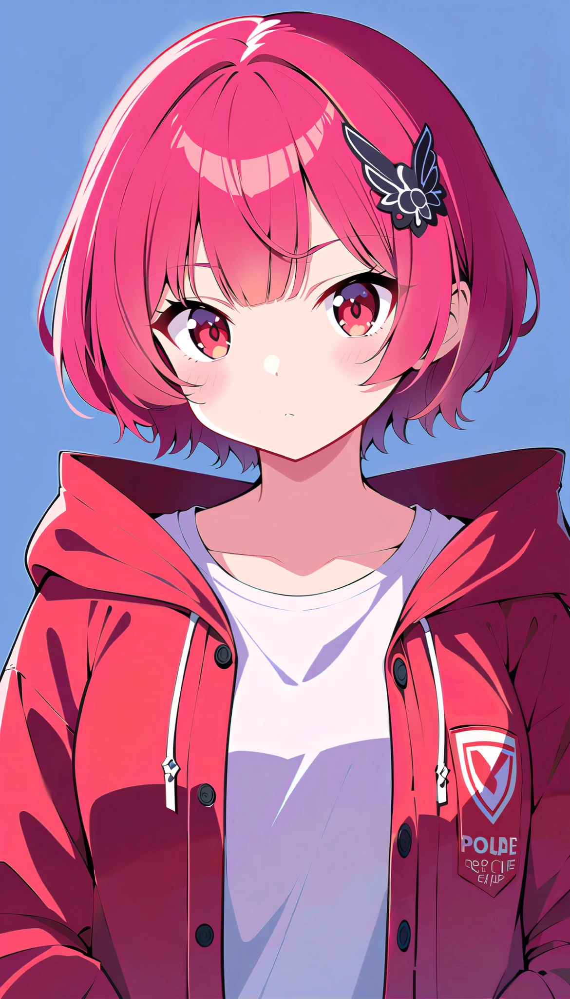 Cute,cute,
1 adult female, Alone,
wine red Hair,  pixie cut, bangs,  hair ornament ,
red eyes,
, ultra-high detailed, 
close view, From Above,
Serious,
 oversized cardigan with patch pockets and hood,
 Big Breasts, random multi color, soft vivid, hi contrast, 
Blake
simple background , random multi color, soft vivid, hi contrast