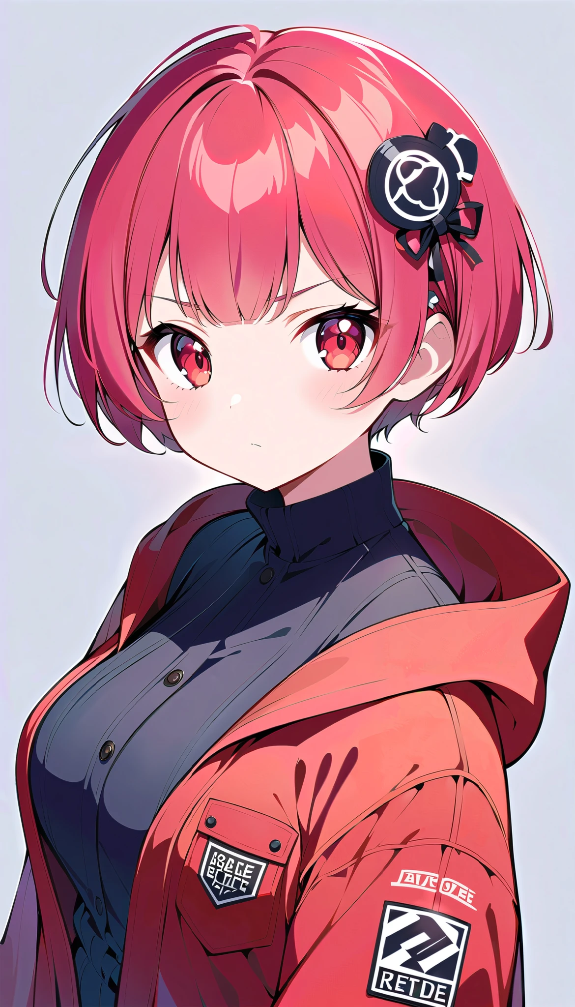 Cute,cute,
1 adult female, Alone,
wine red Hair,  pixie cut, bangs,  hair ornament ,
red eyes,
, ultra-high detailed, 
close view, From Above,
Serious,
 oversized cardigan with patch pockets and hood,
 Big Breasts, random multi color, soft vivid, hi contrast, 
Blake
simple background , random multi color, soft vivid, hi contrast