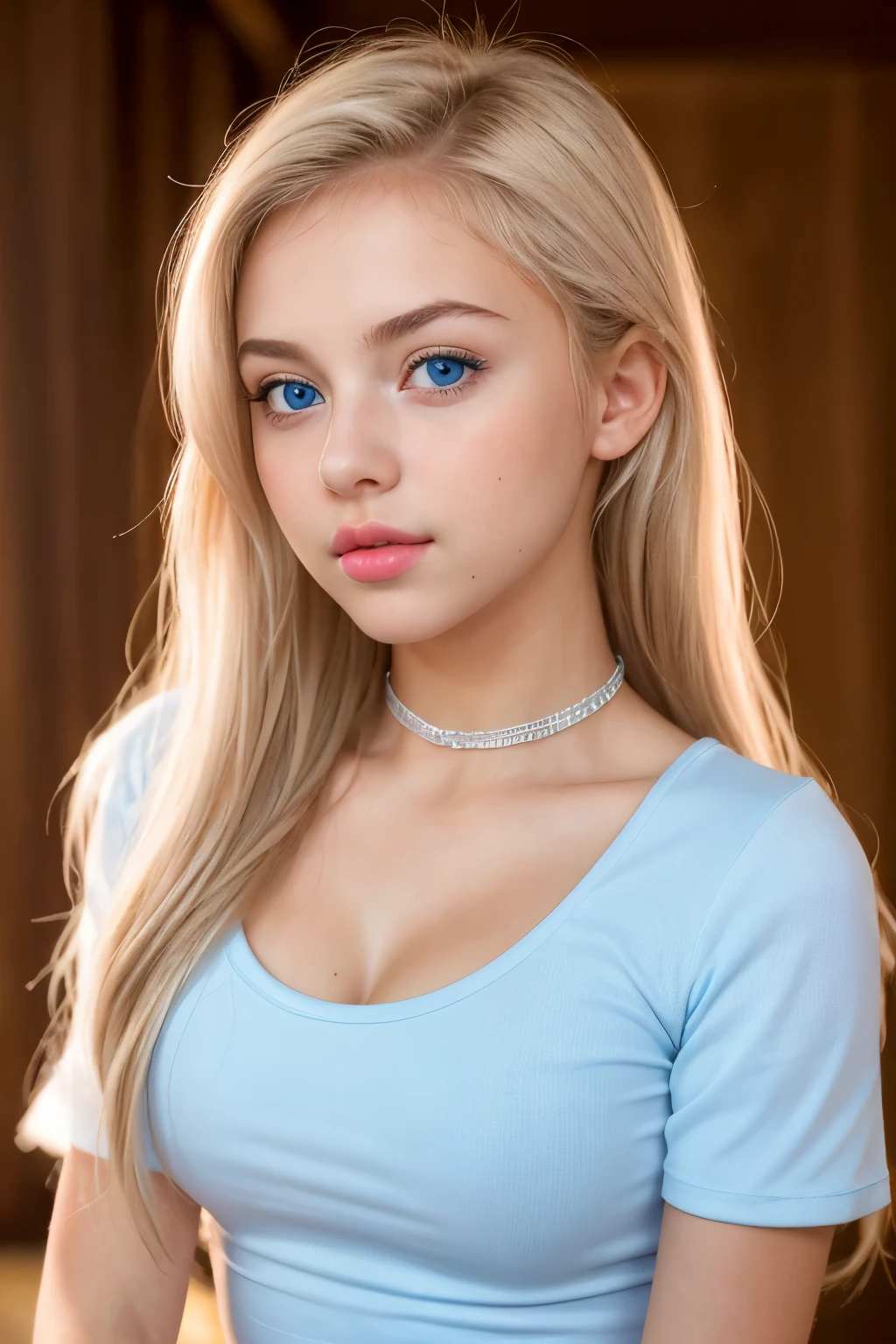 ((8k photo, RAW photo, best quality, ultra res, photorealistic)), (intricate details, masterpiece, hyper-realistic, ultra detailed, 1girl, solo), a photo of a (platinum blonde hair), (light blue eyes), young white girl, ((young girl, girl, tween girl, loli)), in (short sleeves, t-shirt, scoop neck, shorts), cleavage, large breasts, ((short, youthful body, youthful face, young body, young face, petite)), (closed mouth, thick lips, full lips, cupid's bow lips), full makeup, (pink lips), showing her face, very sexy outfit, jaw-dropping beauty, seductive look at the camera, sexy young girl, beautiful girl, cute face, innocent face, innocent look, seductive pose, (facing viewer)