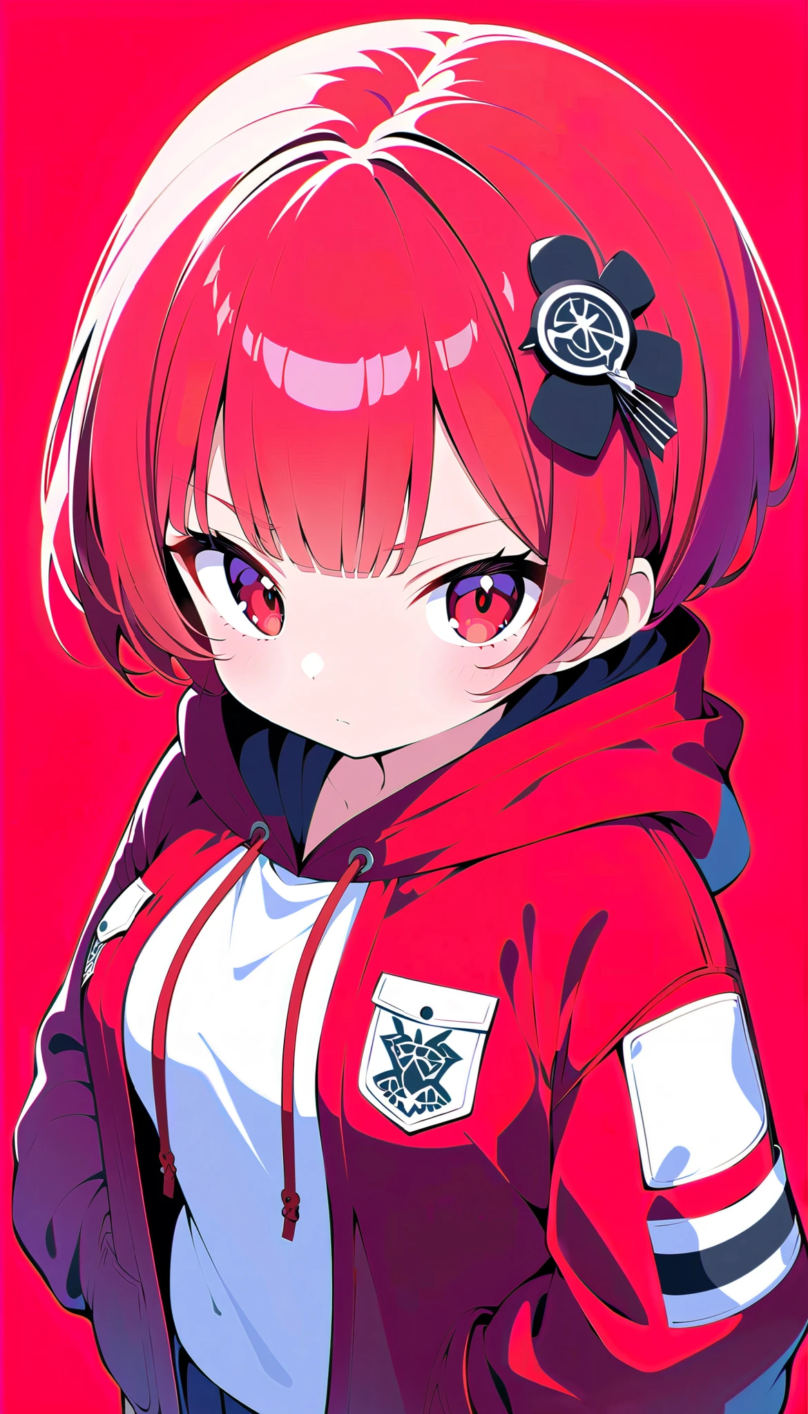 Cute,cute,
1 adult female, Alone,
wine red Hair,  pixie cut, bangs,  hair ornament ,
red eyes,
, ultra-high detailed, 
close view, From Above,
Serious,
 oversized cardigan with patch pockets and hood,
 Big Breasts, random multi color, soft vivid, hi contrast, 
Blake
simple background , random multi color, soft vivid, hi contrast