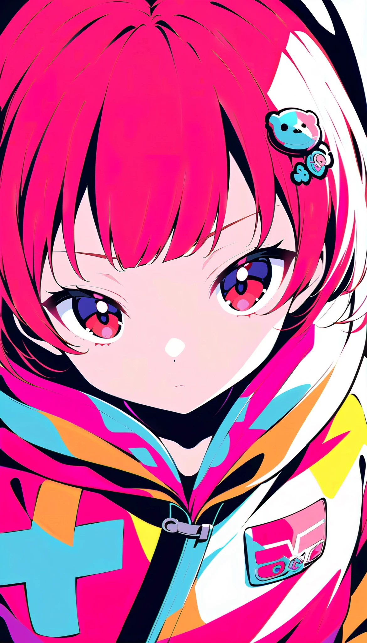 Cute,cute,
1 adult female, Alone,
wine red Hair,  pixie cut, bangs,  hair ornament ,
red eyes,
, ultra-high detailed, 
close view, From Above,
Serious,
 oversized cardigan with patch pockets and hood,
 Big Breasts, random multi color, soft vivid, hi contrast, 
Blake
simple background , random multi color, soft vivid, hi contrast