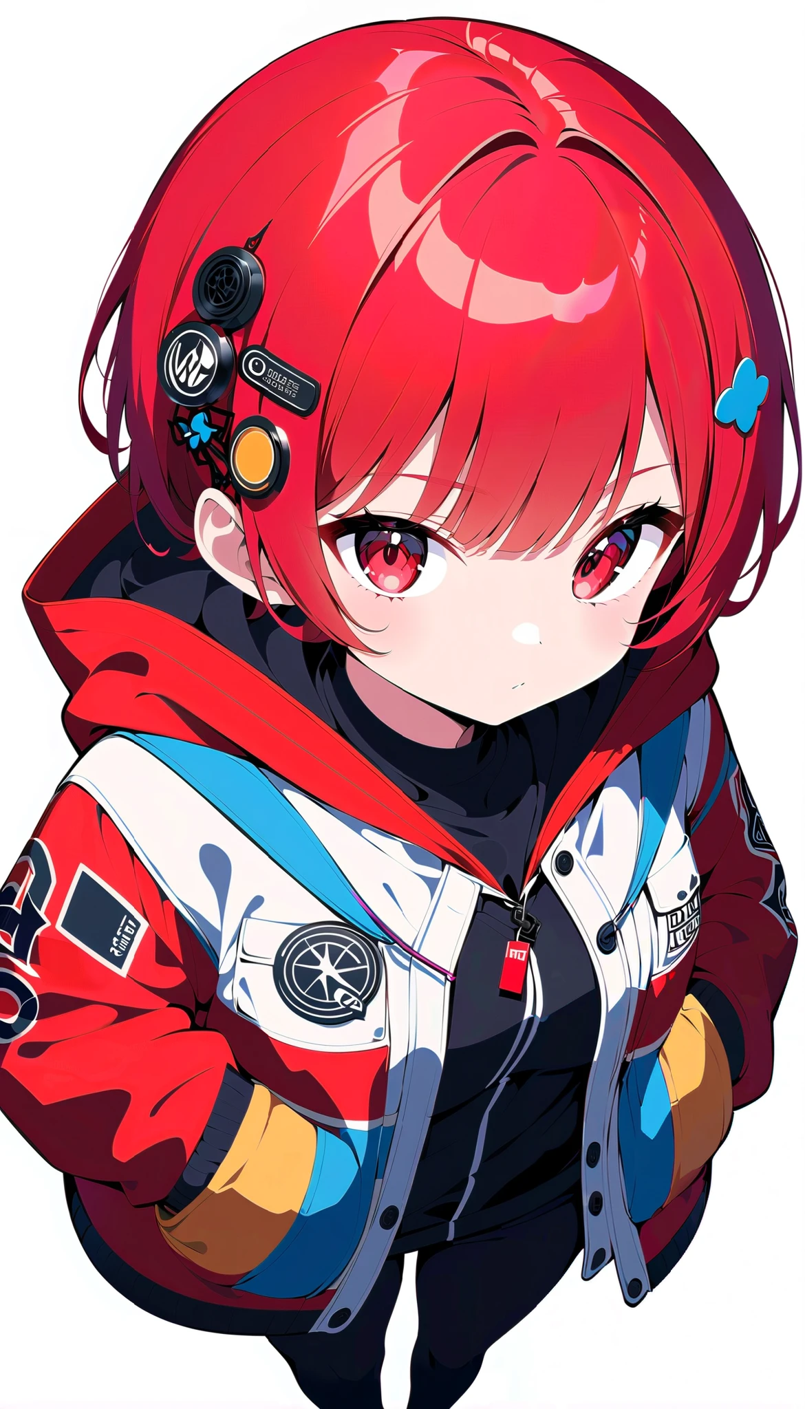 Cute,cute,
1 adult female, Alone,
wine red Hair,  pixie cut, bangs,  hair ornament ,
red eyes,
, ultra-high detailed, 
close view, From Above,
Serious,
 oversized cardigan with patch pockets and hood,
 Big Breasts, random multi color, soft vivid, hi contrast, 
Blake
simple background , random multi color, soft vivid, hi contrast