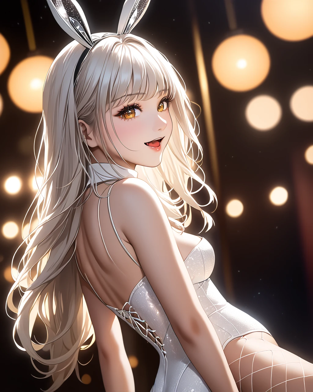 1girl, solo, FHD,  high contrast, Super Detail, top-quality, Very delicate, (upper body), cinematic lighting, ultra detailed, FHD, Super Detail, top-quality, Very delicate, side view, masterpiece, best quality, dynamic angle, incredibly absurdres, high detail eyes, tsurime, cute eyes, smile, open mouth, fang, full body, cute face, from right, turn to the side, blancdef, white hair, very long hair, fake animal ears, yellow eyes, playboy bunny, detached collar, short necktie, white leotard, cleavage, white fishnet pantyhose, wrist cuffs, medium breasts, polished nails, high heels, ((bokeh)), casino, light, neon sign, (short focus lens:1.4), spot light, stage, pole dance, show time