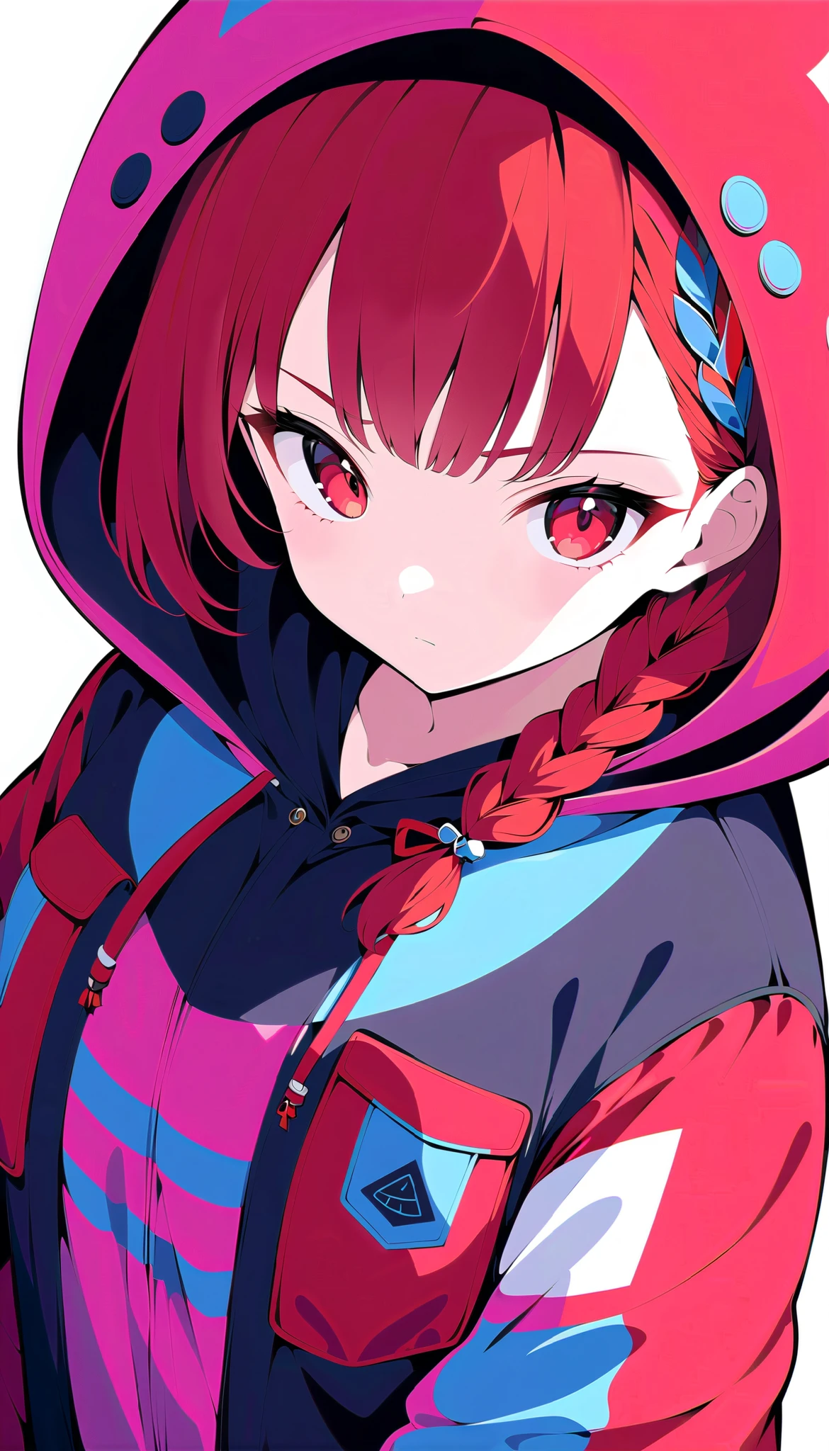 Cute,cute,
1 adult female, Alone,
wine red Hair,  pixie cut, bangs,  hair ornament ,
red eyes,
, ultra-high detailed, 
close view, From Above,
Serious,
 oversized cardigan with patch pockets and hood,
 Big Breasts, random multi color, soft vivid, hi contrast, 
Blake
simple background , random multi color, soft vivid, hi contrast