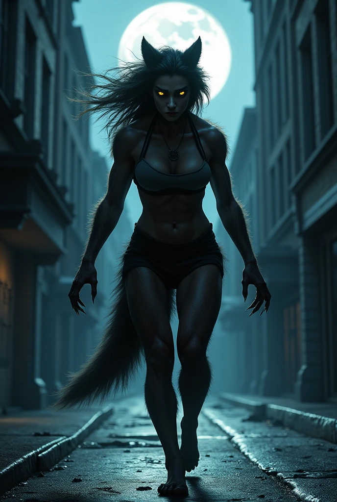 real e621, photorealistic, masterpiece
night, dark, cloudy
forest, gravel path
solo, full body
werewolf, fluffy black fur
female
jeans, tank top