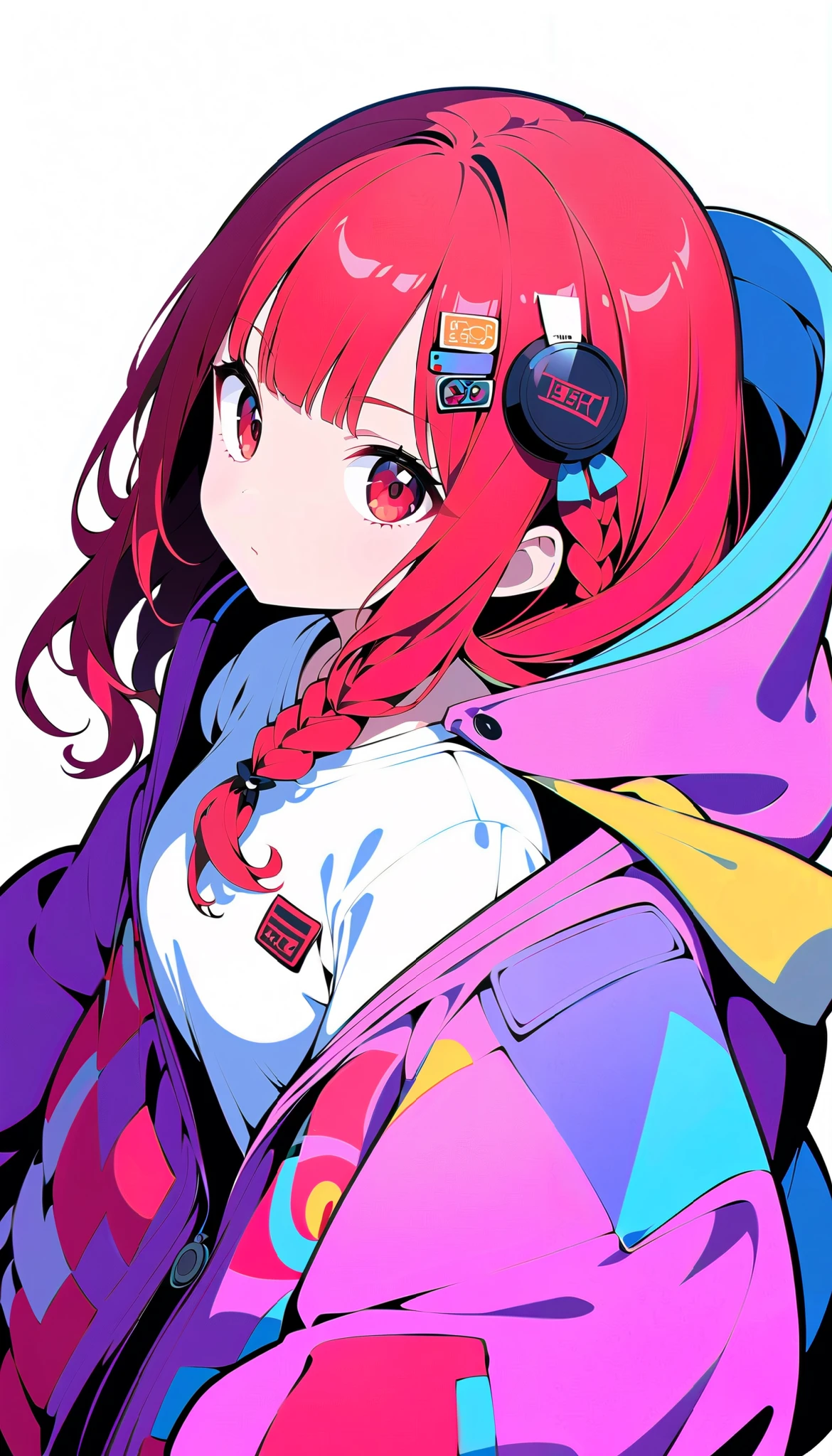 Cute,cute,
1 adult female, Alone,
wine red Hair,  pixie cut, bangs,  hair ornament ,
red eyes,
, ultra-high detailed, 
close view, From Above,
Serious,
 oversized cardigan with patch pockets and hood,
 Big Breasts, random multi color, soft vivid, hi contrast, 
Blake
simple background , random multi color, soft vivid, hi contrast