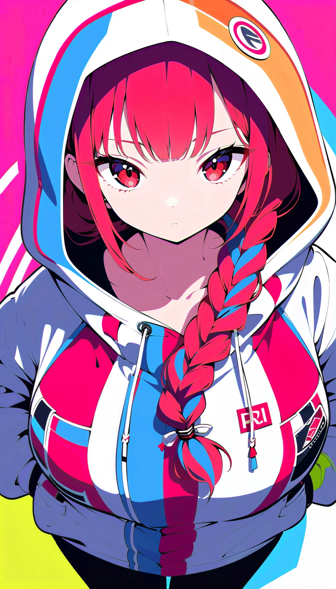 Cute,cute,
1 adult female, Alone,
wine red Hair,  pixie cut, bangs,  hair ornament ,
red eyes,
, ultra-high detailed, 
close view, From Above,
Serious,
 oversized cardigan with patch pockets and hood,
 Big Breasts, random multi color, soft vivid, hi contrast, 
Blake
simple background , random multi color, soft vivid, hi contrast