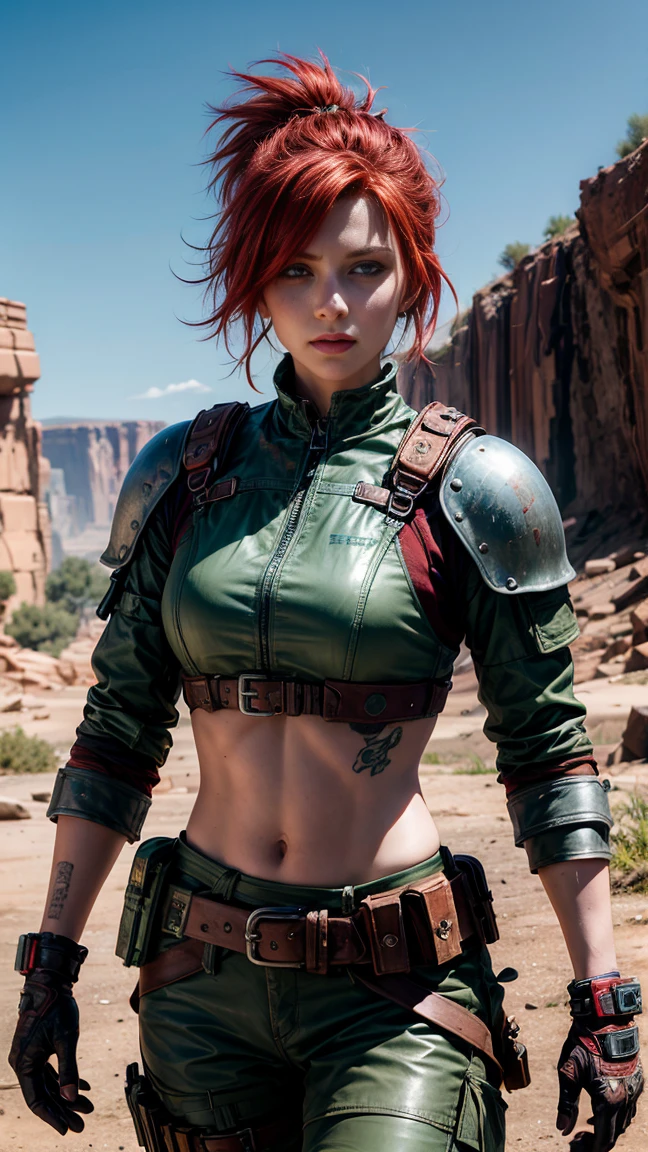 A red-haired girl with pale skin and freckles, long curly light orange hair, emerald green eyes with a sarcastic expression, wearing military combat attire, very muscular and short, highly detailed and expressive face, (best quality,4k,8k,highres,masterpiece:1.2),ultra-detailed,(realistic,photorealistic,photo-realistic:1.37),portrait,concept art,dramatic lighting,vivid colors,intricate details