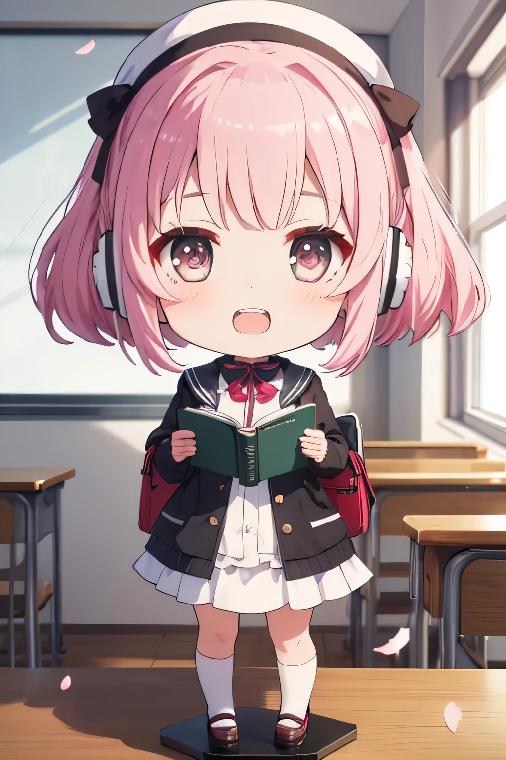 happy girl ( showing teeth), standing, combat pose, pink hair color, school fund, school fund(classroom), complete anatomy, graphic effects , ornament of a flower-shaped accessory on the head, aura, white cap, notebooks, school supplies , cell phone, Earphones, height 159 cm ( 5 feet 3 inches ), summoning circle, fire around, strong breeze , sakura petals and leaves, primera persona, blush, looking at the spectator , Charm, Pausa de toque ciego looking at the spectator , very detailed face , 8K, light and shadow effect. Masterpiece, The Best Quality , fullbody, Chibi, , (change:1.2), Nendoroide, PVC models