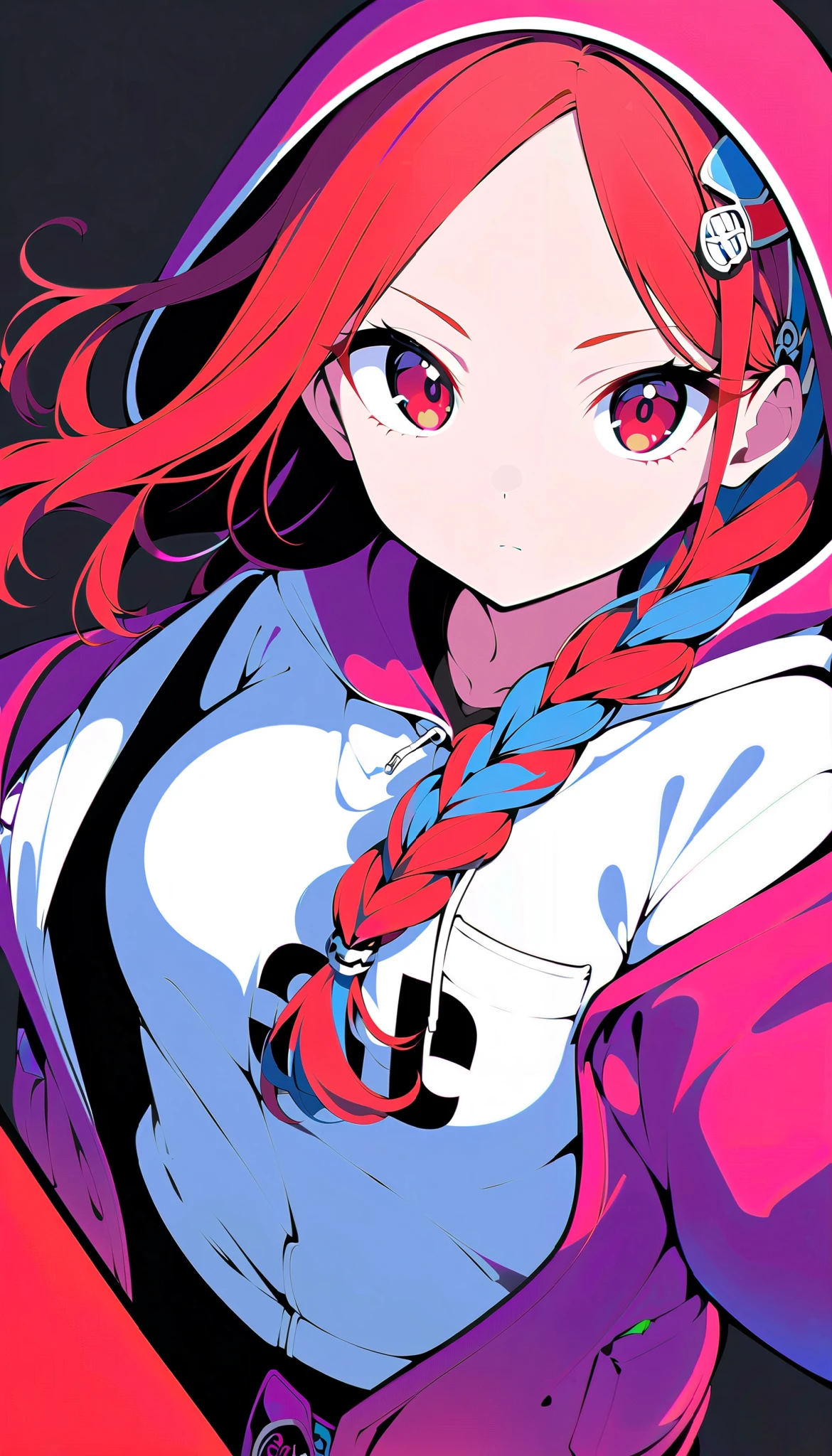 Cute,cute,
1 adult female, Alone,
wine red Hair,  pixie cut, bangs,  hair ornament ,
red eyes,
, ultra-high detailed, 
close view, From Above,
Serious,
 oversized cardigan with patch pockets and hood,
 Big Breasts, random multi color, soft vivid, hi contrast, 
Blake
simple background , random multi color, soft vivid, hi contrast