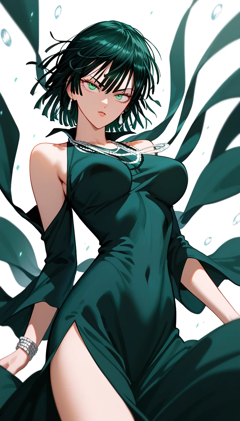 1 girl [masterpiece, best quality,]perfect face, expresive eyes, fubuki from one punch man, dark green dress, necklaces