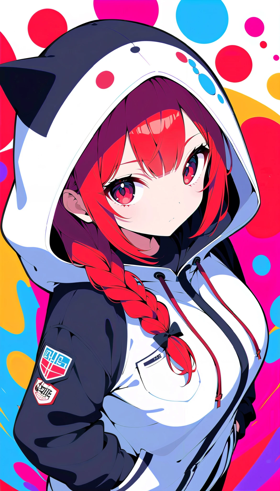 Cute,cute,
1 adult female, Alone,
wine red Hair,  side braid, bangs,  hair ornament ,
red eyes,
, ultra-high detailed, 
close view, From Above,
Serious,
 oversized cardigan with patch pockets and hood,
 Big Breasts, random multi color, soft vivid, hi contrast, 
Blake
simple background , random cool multi color, soft vivid, hi contrast