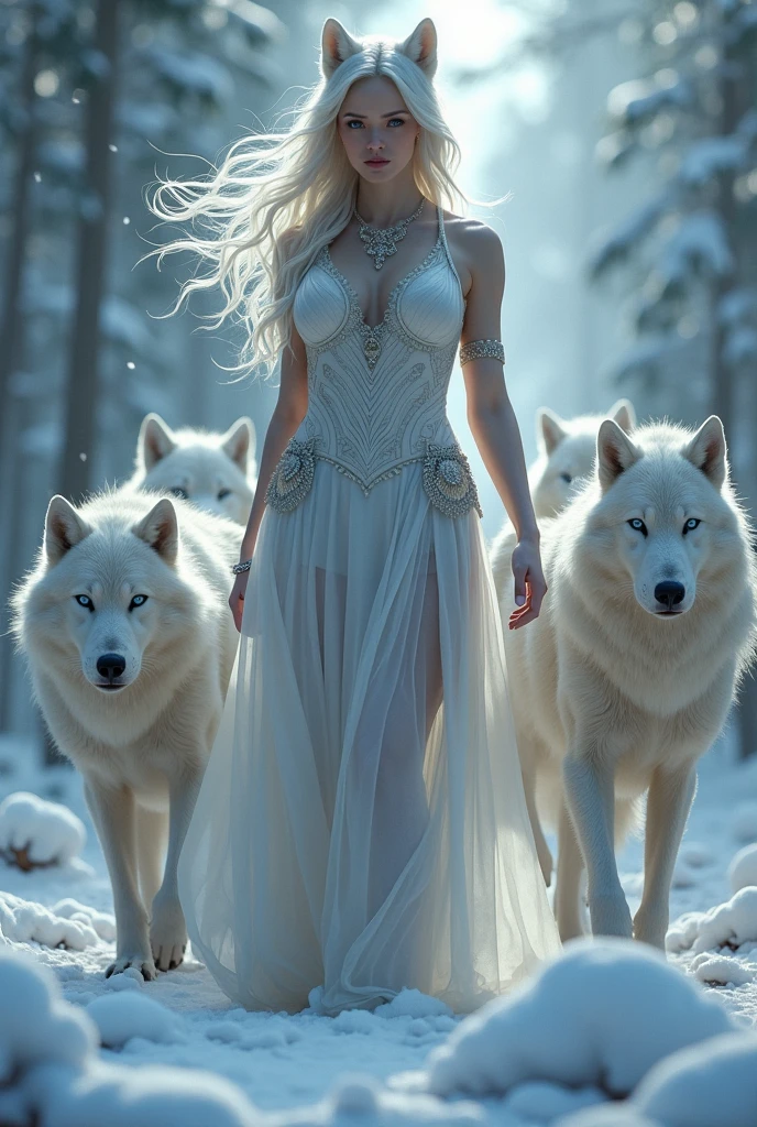  ((Masterpiece, Top Quality, High Resolution, Photorealistic, Extremely detailed CG unified 8k wallpaper)), (huge stunning goddess shot, very hot and sexy, jaw-dropping beauty, perfect proportions, beautiful body, slim body beauty:1.4), A pack of werewolves, a female wolf, platinum hair, ice-green eyes, in a snowy forest, hunting time,