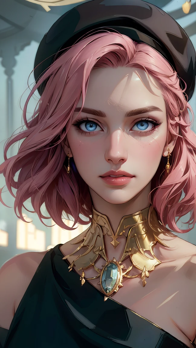 a beautiful young woman with pink hair and grey eyes, wearing a two-tone dress, black headwear, detached sleeves, and a bracelet, (best quality,4k,8k,highres,masterpiece:1.2),ultra-detailed,(realistic,photorealistic,photo-realistic:1.37),portrait,detailed face,beautiful detailed eyes,beautiful detailed lips,extremely detailed eyes and face,longeyelashes,intricate dress design,delicate headwear,ornate bracelet,cinematic lighting,warm colors,soft focus