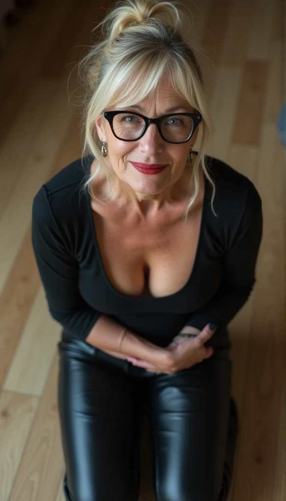 The best picture,The most realistic,4K clarity,bright picture, Old woman, age 70,legging leather hologram , straight hair, glasses, red lips, The best picture,The most realistic,4K clarity,bright picture, Old woman, age 70,legging leather hologram , straight hair, glasses, red lips,3 people , bedroom