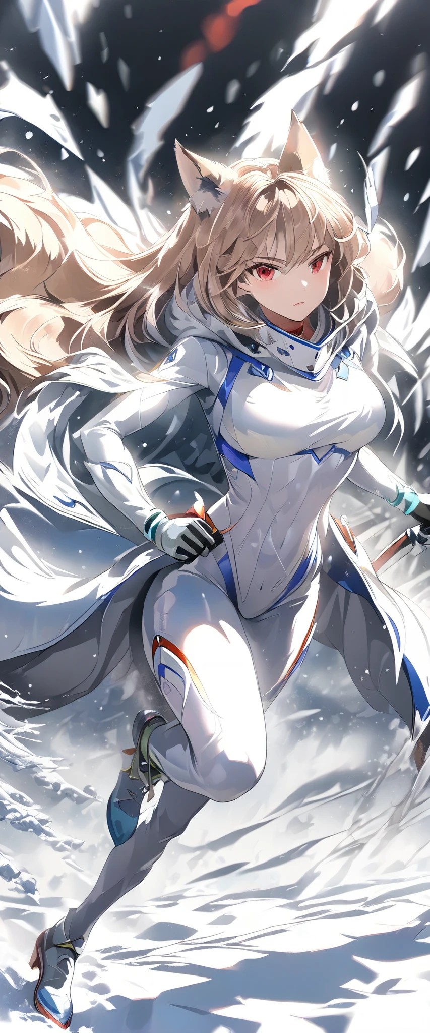 Wolf Girl, f wolf ears ,big wolf tail,running at full speed,Snowfield,Snowstorm, red eyes, No Emotion,looking at viewer, body suit, stiletto boots, emale, young adult, full body shot, dynamic angle, black background, break , masterpiece, accurate, anatomically correct, textured skin, super detail, award winning, 8k