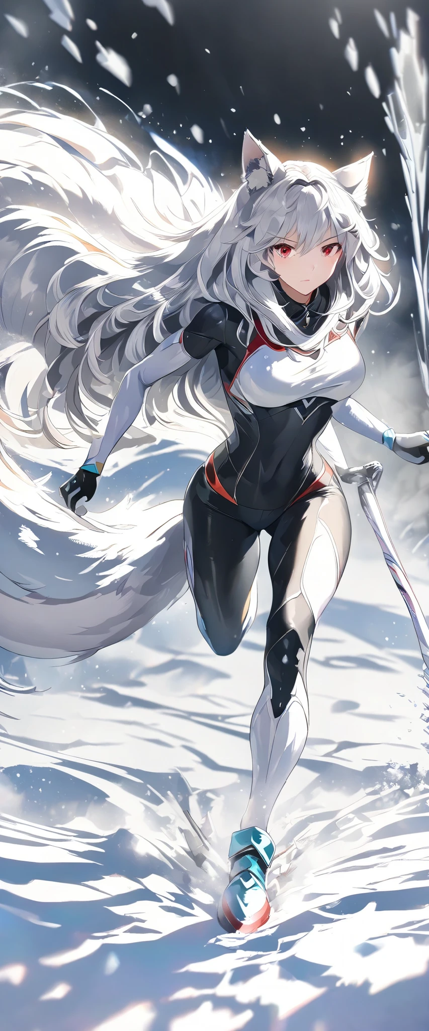 Wolf Girl, f wolf ears ,big wolf tail,running at full speed,Snowfield,Snowstorm, red eyes, No Emotion,looking at viewer, body suit, stiletto boots, emale, young adult, full body shot, dynamic angle, black background, break , masterpiece, accurate, anatomically correct, textured skin, super detail, award winning, 8k