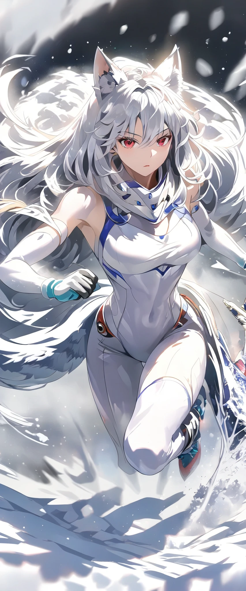 Wolf Girl, f wolf ears ,big wolf tail,running at full speed,Snowfield,Snowstorm, red eyes, No Emotion,looking at viewer, body suit, stiletto boots, emale, young adult, full body shot, dynamic angle, black background, break , masterpiece, accurate, anatomically correct, textured skin, super detail, award winning, 8k
