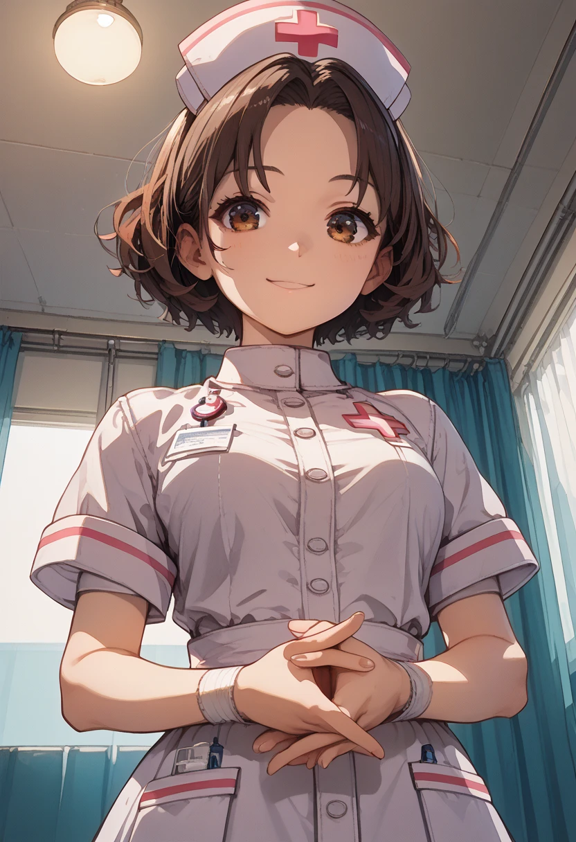 (score_9, score_8_up, score_7_up,source_anime,masterpiece:1.3),(intricate and detailed:1.2),vector-artstyle,best quality,Fine hair,intricate illustration ,ultra-detailed animation,1girl,Look At Viewer,faint smile,Provoke,Brown Hair,Messy Tip Hairstyle,okumura haru,Ao Dai,(nurse:1.3),(Bodysuits:0.8),(face seen through breasts:1.1),(sway back,arched back:1.2),own hands near waist,pov,hands focus,from below,ceiling,Dynamic angle