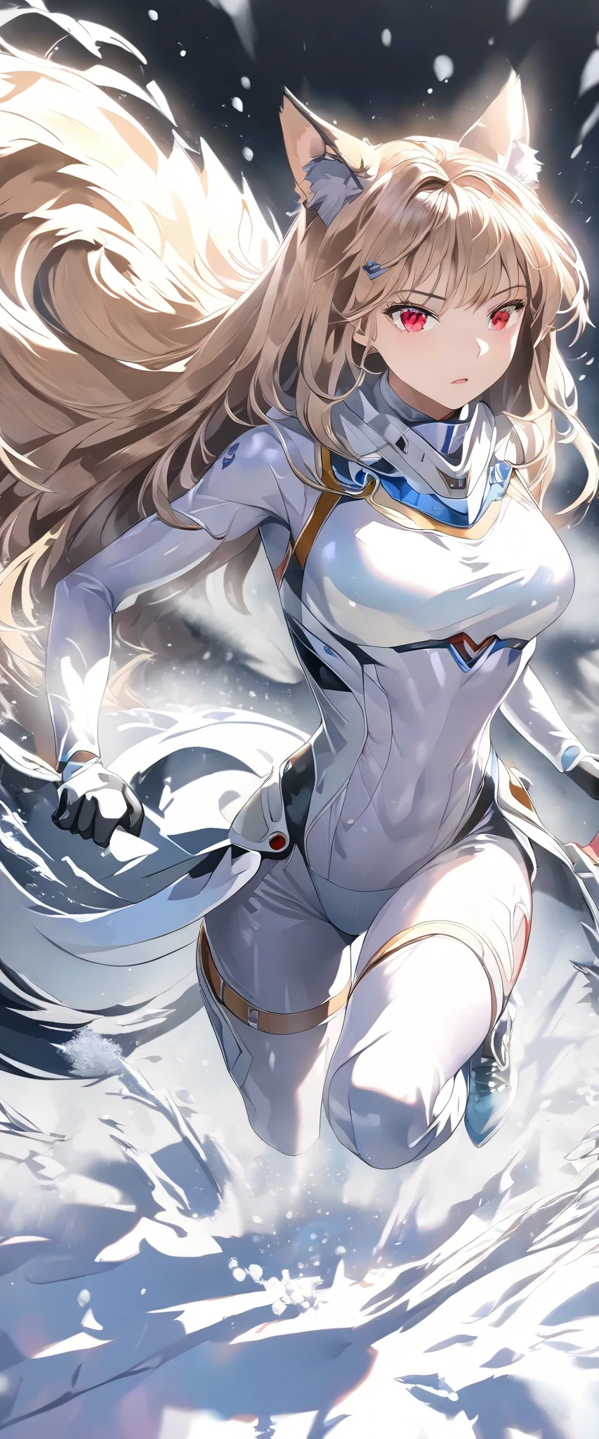 Wolf Girl, f wolf ears ,big wolf tail,running at full speed,Snowfield,Snowstorm, red eyes, No Emotion,looking at viewer, body suit, stiletto boots, emale, young adult, full body shot, dynamic angle, black background, break , masterpiece, accurate, anatomically correct, textured skin, super detail, award winning, 8k