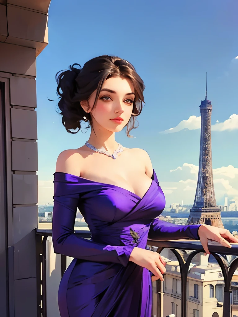 a woman in a purple dress standing on a balcony near the eiffel tower, a photo by Marie Bashkirtseff, trending on cg society, art nouveau, dressed in purple, ( ( konstantin razumov ) ), draped in purple, konstantin razumov, purple dress, garbed in a purple gown, haute couture! fashion!, stunning elegant