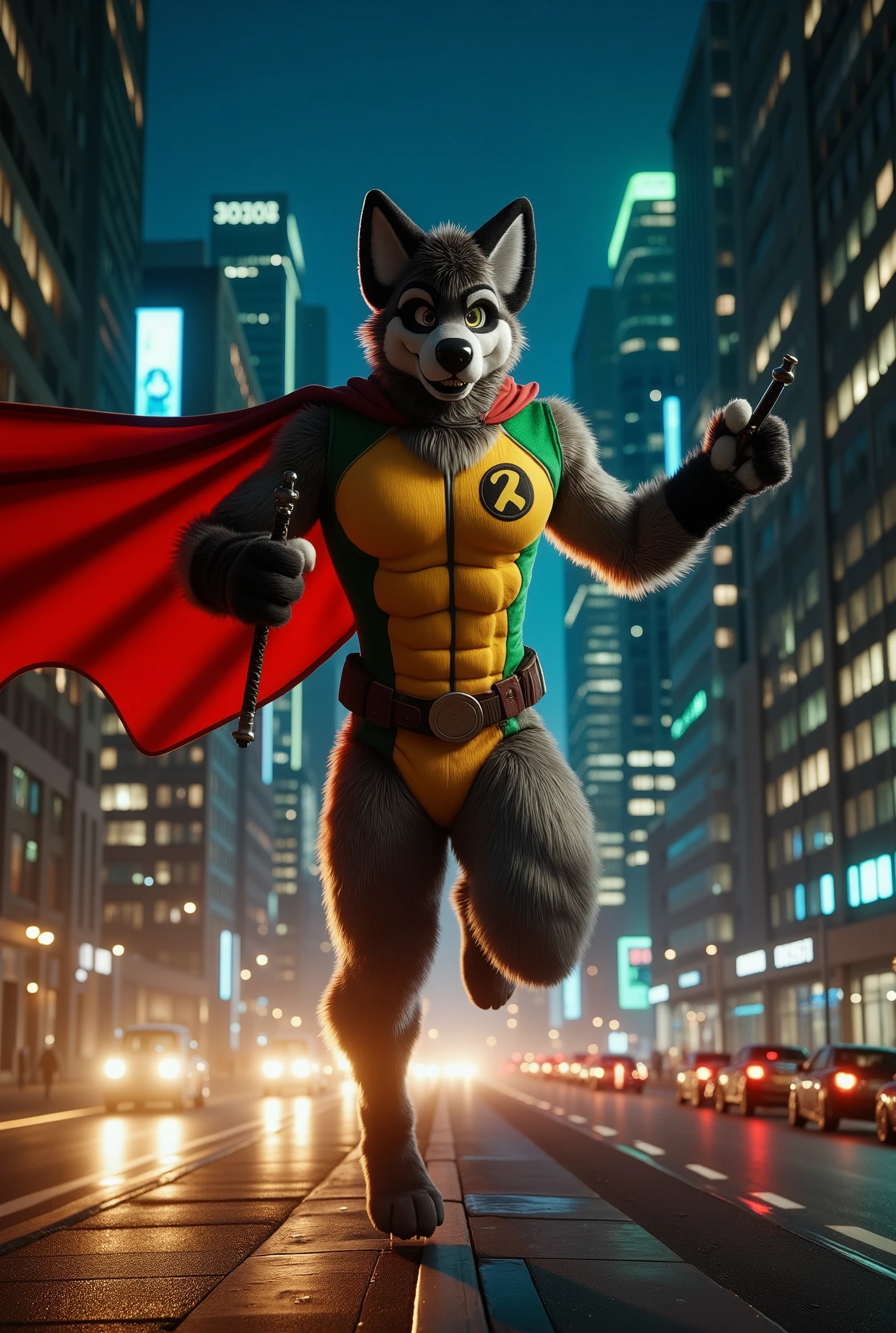 highly detailed 3D render of a fursuit African wild dog male muscular robin from the original Teen Titans series, wearing his classic red, yellow, and green costume, with a muscular build and ready for action. He is leaping through the air with one of his escrima sticks drawn, his expression fierce and focused. The background shows a dark Gotham-like city at night, with sharp contrasts of light and shadow. Robin’s cape flutters in the wind, and his powerful muscles are highlighted in the action pose. The city lights flicker in the distance as he charges towards an unseen enemy. The scene is rendered in Ultra HD 8K, with cinematic realism and hyperrealistic detail that brings Robin’s athletic physique and the dynamic environment to life. The CyberRealistic lighting emphasizes the drama of his movement and the intensity of the battle.