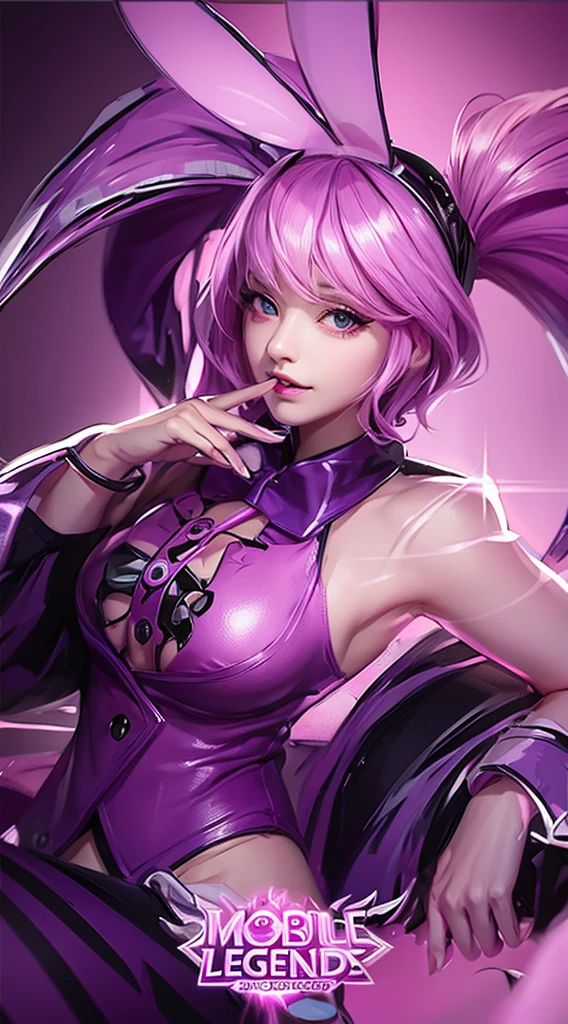 "Create a highly detailed and vibrant image of a stylish, modern woman seated on a chair with her legs up, positioned on the left side of the frame in a lively bar setting. She has short, wavy purple hair with pink highlights, exuding a chic and fashionable vibe. She is dressed in a sleek white outfit with red accents—a form-fitting white crop top paired with a high-waisted white mini-skirt adorned with red designs. The woman is elegantly holding a delicate cocktail glass filled with pink champagne in her right hand, with her fingers appearing slender and graceful. Her legs are crossed at the ankles, adding to her poised and confident demeanor.Her face is heart-shaped, with defined cheekbones, a small nose, full lips curving into a subtle, enigmatic smile, and bright, alluring eyes that draw attention. Focus on making the details of her hands, feet, eyes, nose, ears, hair, and body slightly larger and more prominent to enhance her attractiveness and create a captivating visual.The background, occupying the right side of the frame, should depict a lively bar atmosphere with a warm and inviting ambiance. Include elements like gold coins, casino chips, and joker cards on the table or counter to add a playful, dynamic touch. Incorporate purple and pink neon lighting to enhance the trendy, modern setting."