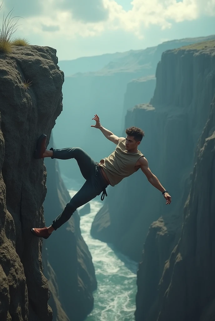 A 30 years Indian boy is falling from kailash mountain, his back side should be displayed.