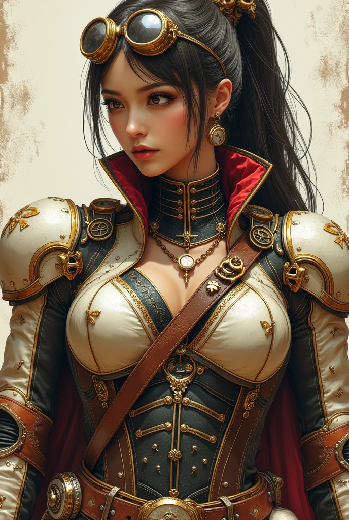 Smiling 1girl with bionic arms in steampunk fashion, captured in ultra high resolution with photorealistic and beautiful lighting. This masterpiece is of the best quality and is set against a zentangle abstract background (weighted at 1.4).