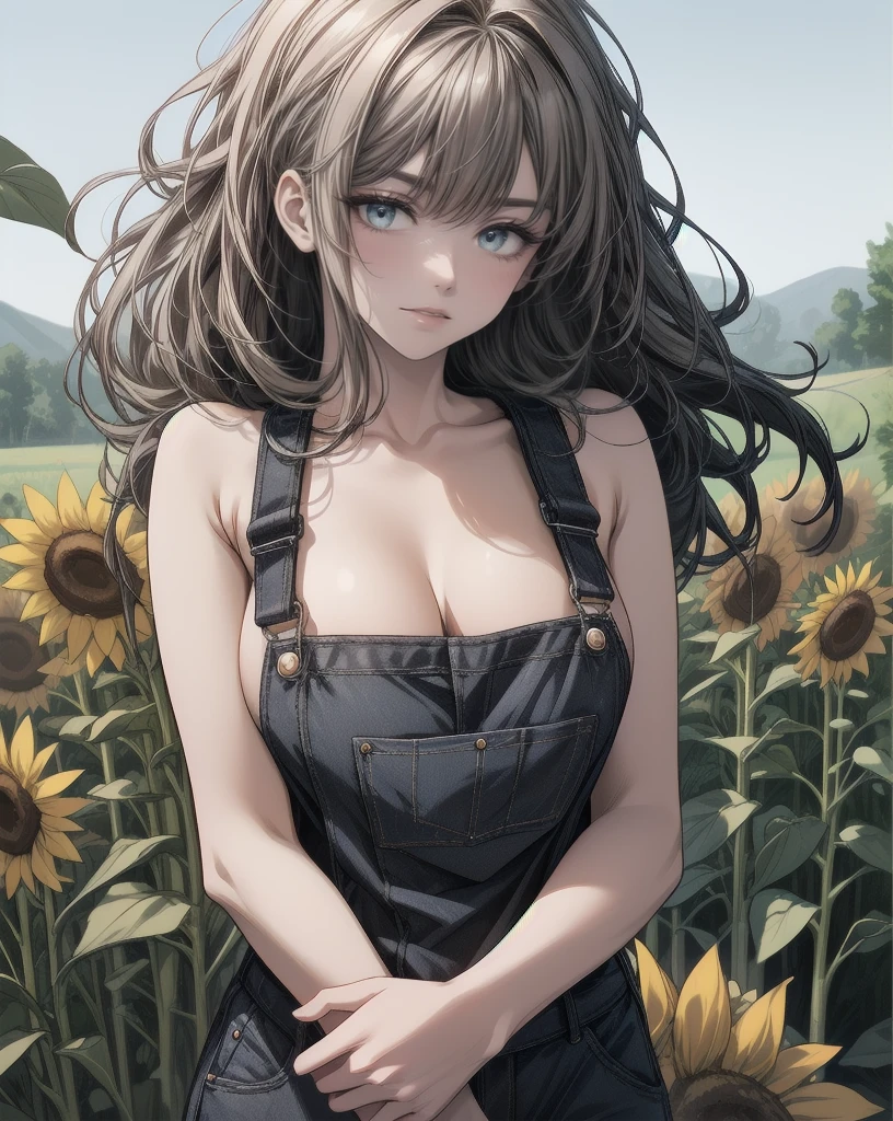   Ultra-detailed images,  超 high definition , 16k,  Soft colors, Goddess の Beauty, ( 女の子1 person),(((女の子1 person))),    natural lips,(No highlights),    high definition ,    Nicely Drawn Eyes    ,  Wavy Hair ,   long hair, ((( Breasts bigger than her face))) ,   teenager flying over the park   ,Beautiful Hair   ,    Beautiful Eyes    ,( Chest enhancement  ),  sensual poses  ,Alone,1 person,  erotic ,   her charming big breasts,Protruding Long Pointed Breasts  , sexy women , saggy breasts,   ヌードの overalls , overalls ,A field of sunflowers on one side,countryside, innocent smile,Collarless, sleeveless, beautiful areolas,