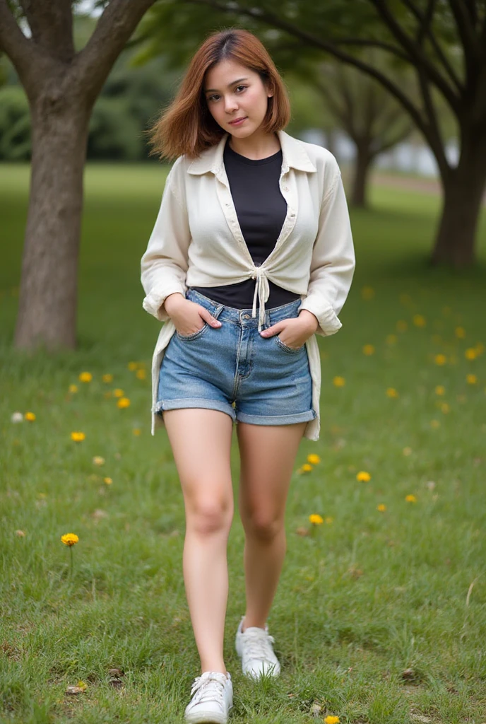 A beautiful indonesian woman, a bit chubby, tied short hair with bang, wearing unbuttones tied white shirt (black inner) and high waist short jeans. canvas shoes, walking at the meadow with colorful mini flowers under the big tree. look at the viewer,