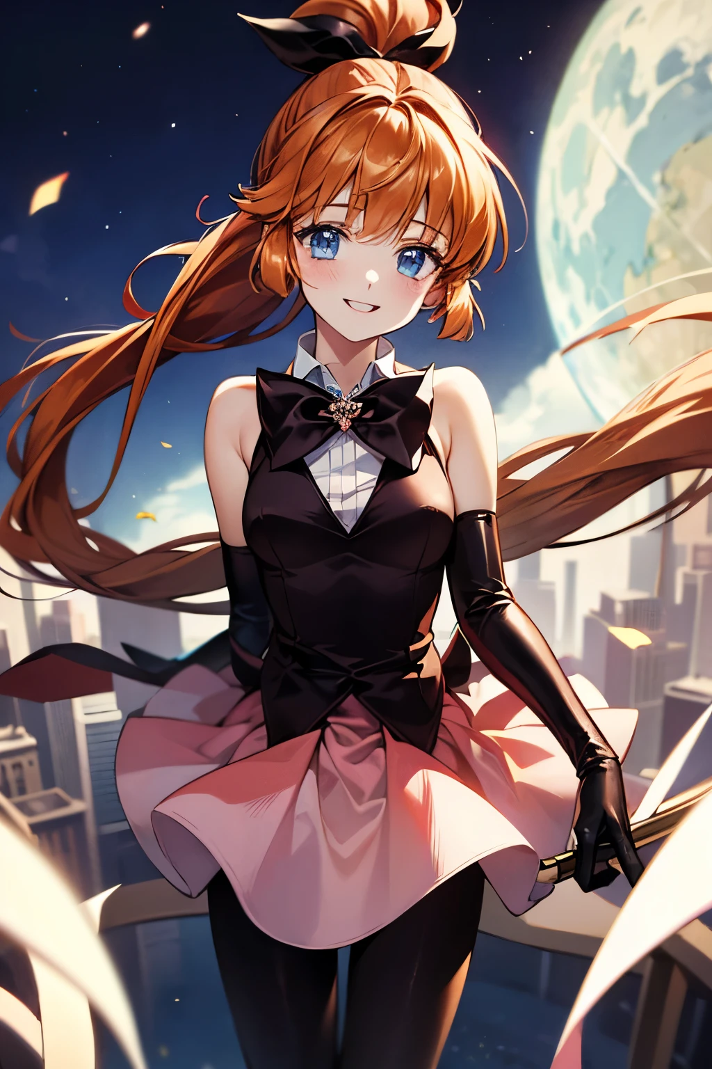  long hair,  Ponytail, bow, ribbon,  blue eyes,  orange hair, HAIR ribbon, VERY  long hair,  brown hair ,  gloves, ELbow  gloves,  skirt,  Magical Girl, BLACK  gloves,  pantyhose, bowTIE,  1 girl, Alone,  upper body,  building standing on the edge,  viewers who stop at the edge, smile,Backwards,Kissing an old man