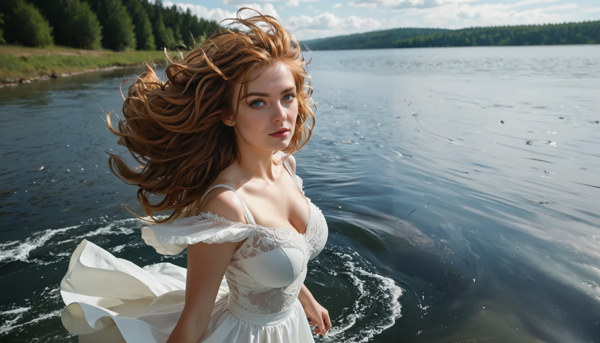 beautiful detailed eyes, sexy pose, messy hair,long hair floating in wind, Large breast, Melissa Sue Anderson. short dress silk, upper body, floating over the river