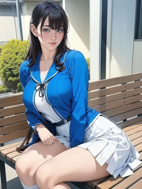 A blue Asian woman in a white uniform is posing on a bench,  Japanese High School Girl Uniforms,  japanese school uniform,  japanese school uniformを着ている, Principal in uniform , 超 Realistic High School Girls , a hyper Realistic High School Girls ,  in strict school uniform , Puella Magi uniform,  girl in uniform ,  Realistic High School Girls , Seifuku,  realistic young gravure idol 
